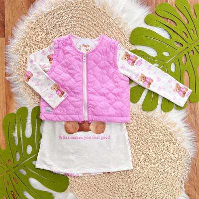 Conj. Colete Puffer Corações  e Vestido Ursinha Always Love - Rosa e Areia